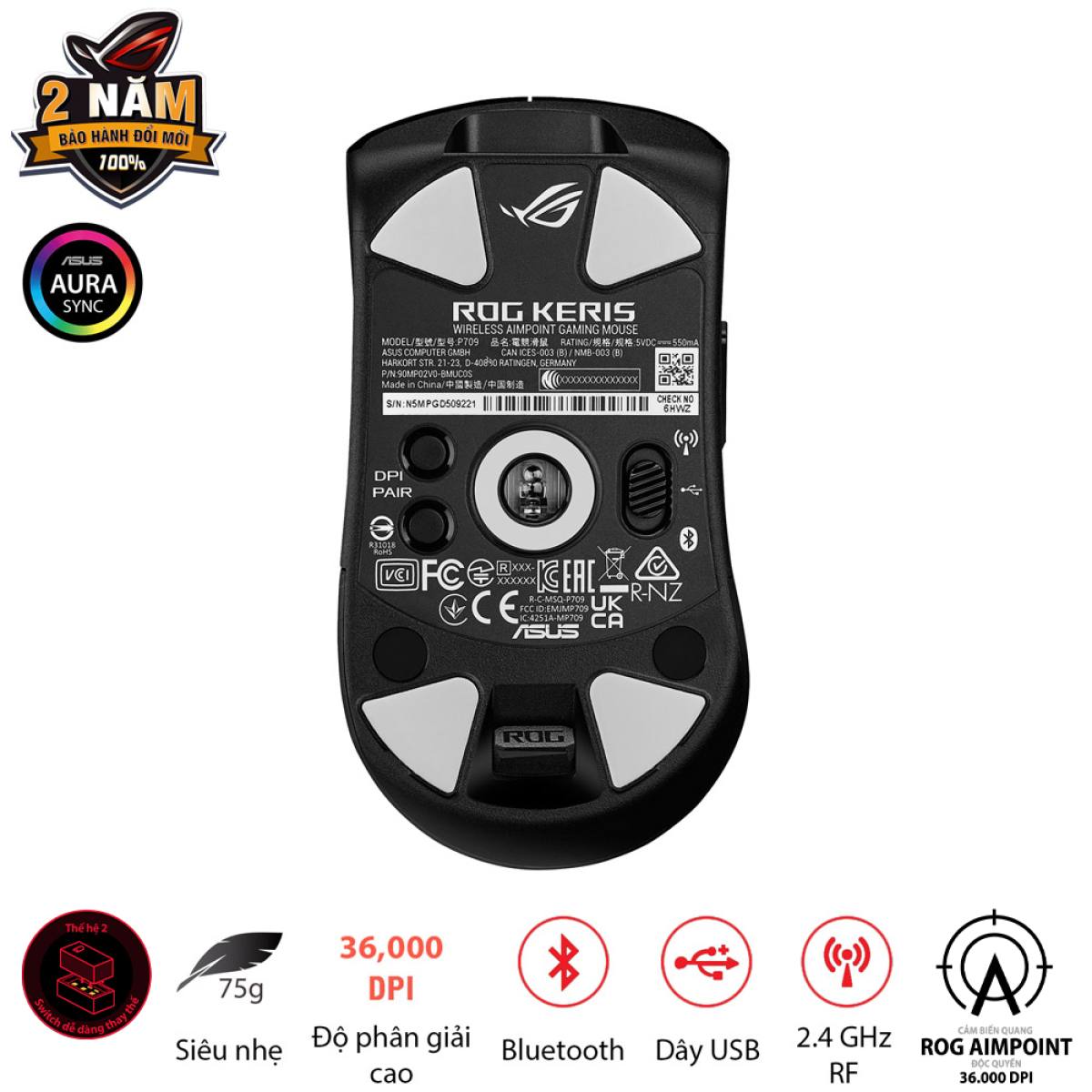 Chuột Asus ROG KERIS Wireless AIMPOINT Đen | Không dây