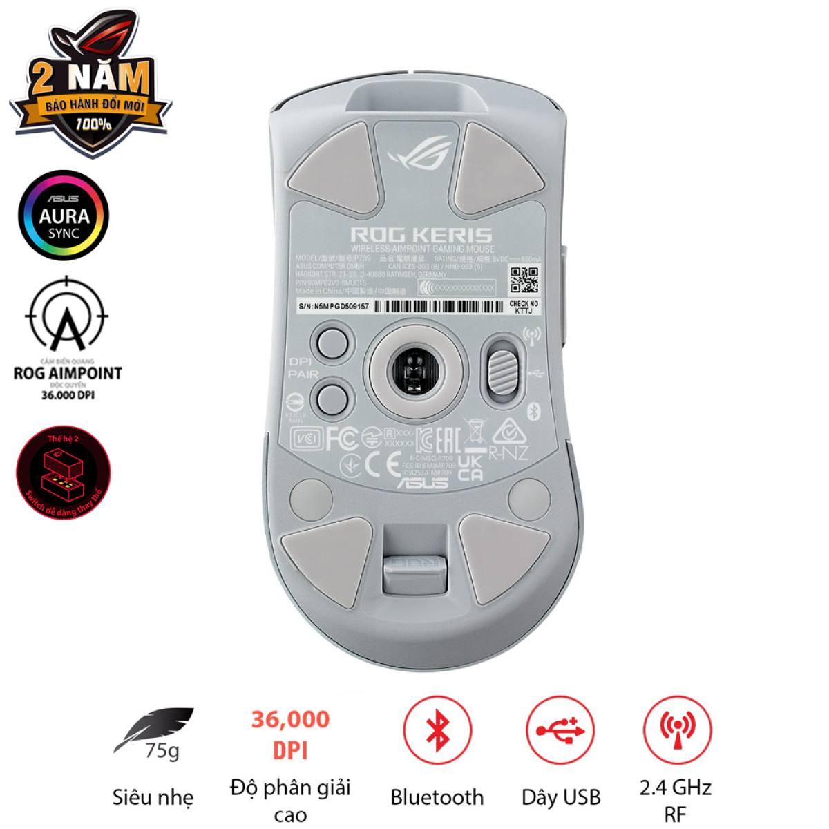 Chuột Asus ROG KERIS Wireless AIMPOINT Trắng | Không dây