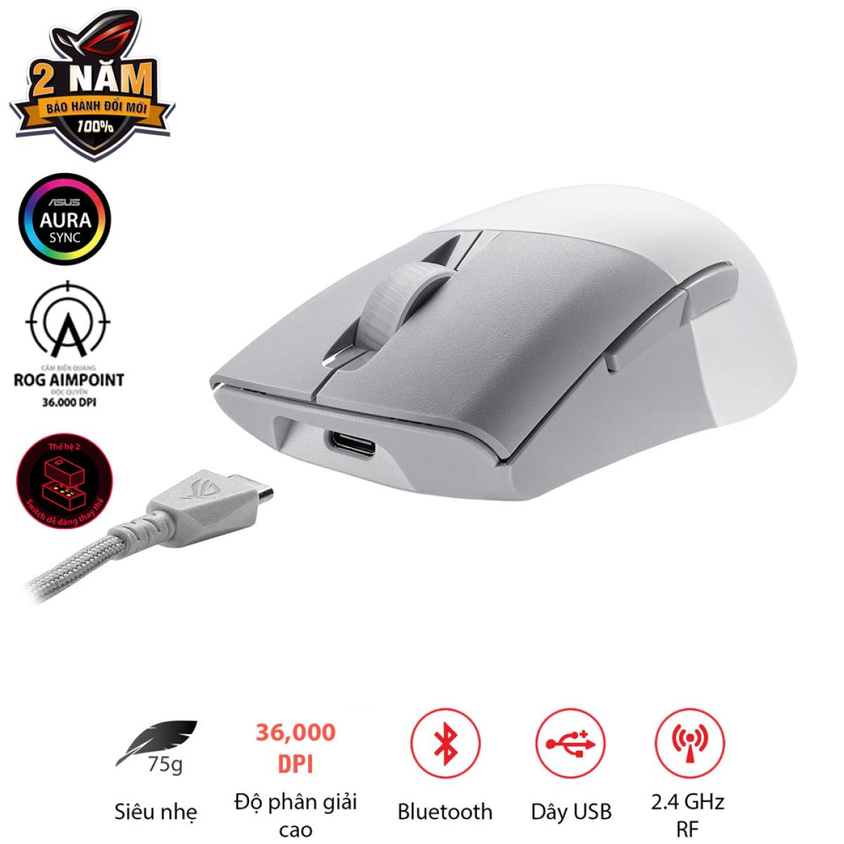 Chuột Asus ROG KERIS Wireless AIMPOINT Trắng | Không dây