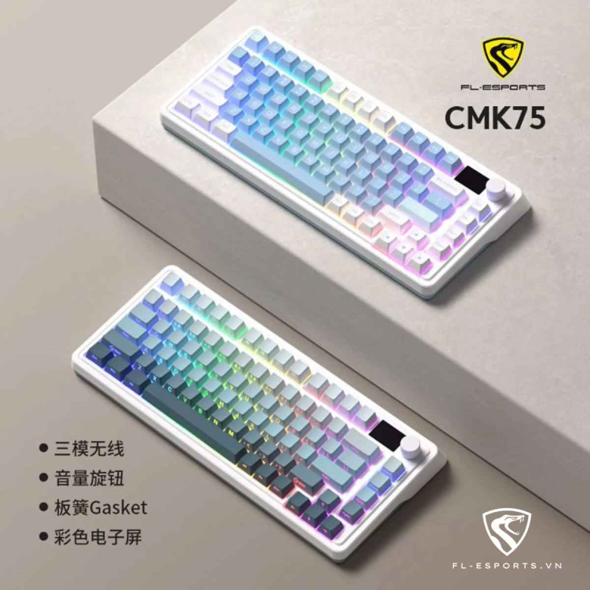 Bàn phím FL-Esports CMK75 Ultramarine - Gradient Blue | Màn Hình LED - Không Dây